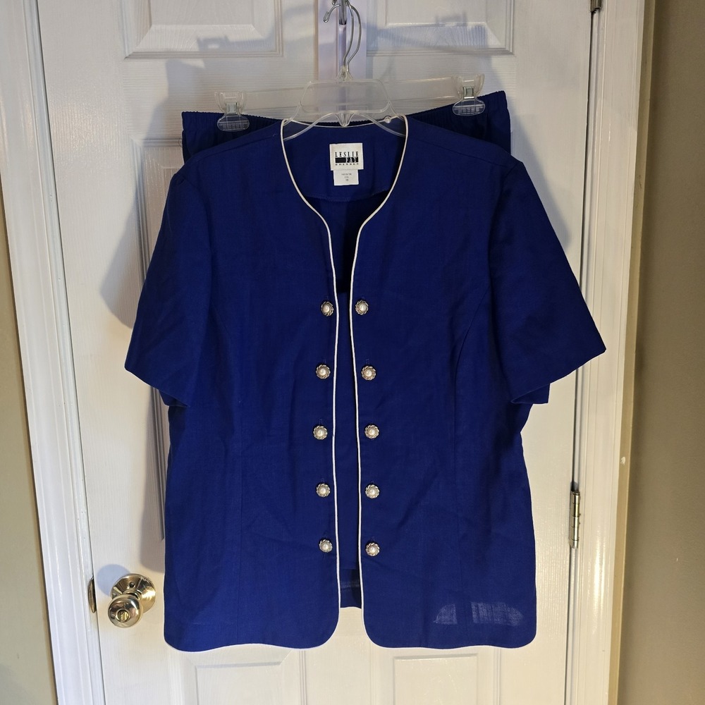 Leslie Fay Vintage Royal Blue Skirt Suit Pearl Button Short Sleeve Set Size 18
